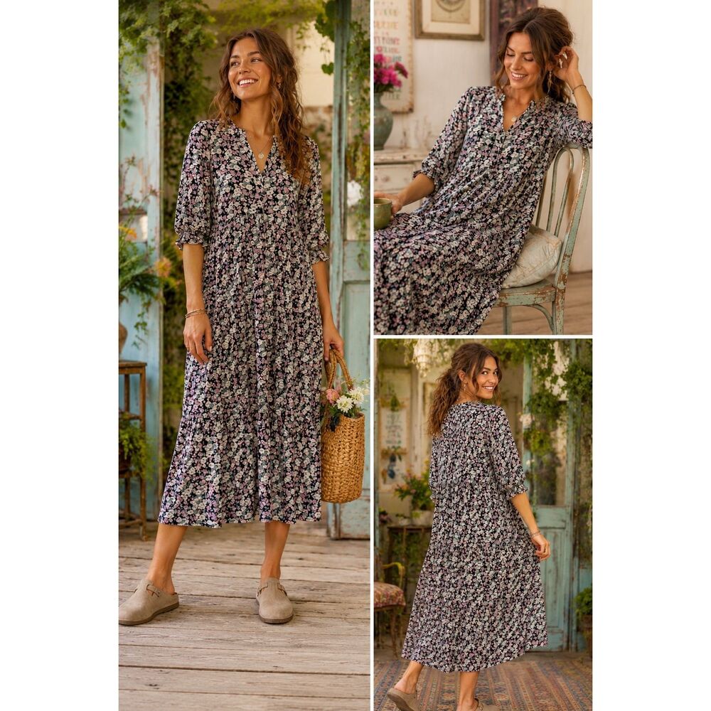 Natural Life Floral Rayon Midi Dress XL Boho Tiered Cottagecore Peasant Multi - Picture 12 of 12